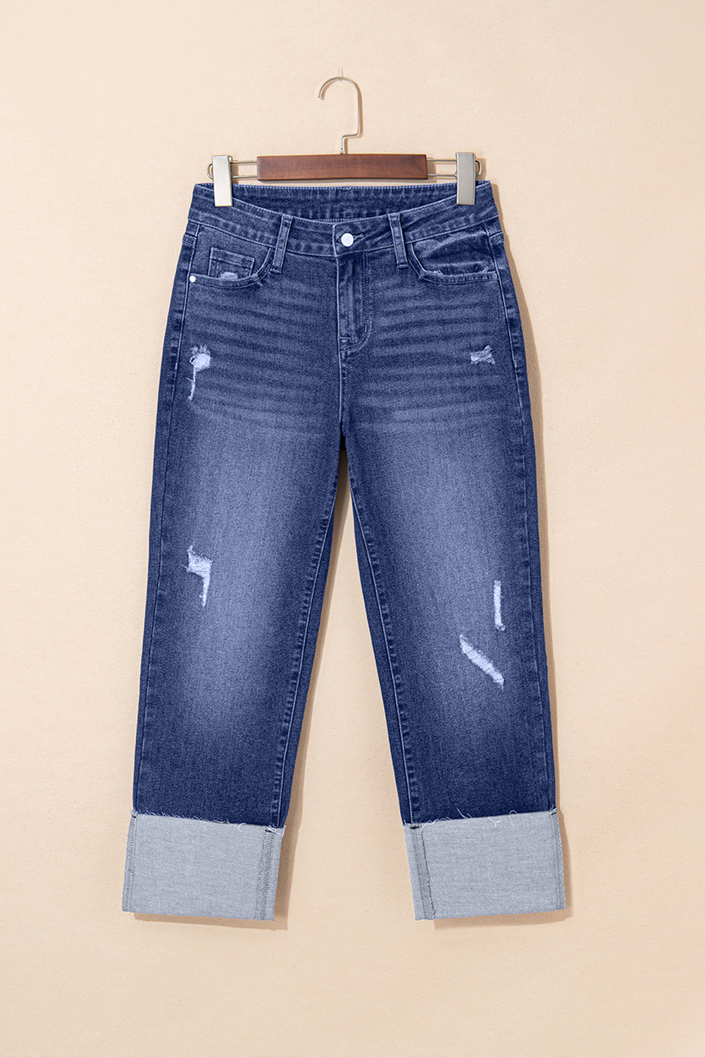 Real Teal Folded Cuffs Distressed Straight High Waist Jeans Love Salve